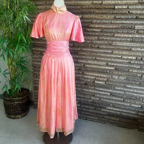 Vintage Handmade Ethnic Mid Eastern Salmon Pink Gold Maxi Dress Flutter Sleeves - Picture 7 of 12